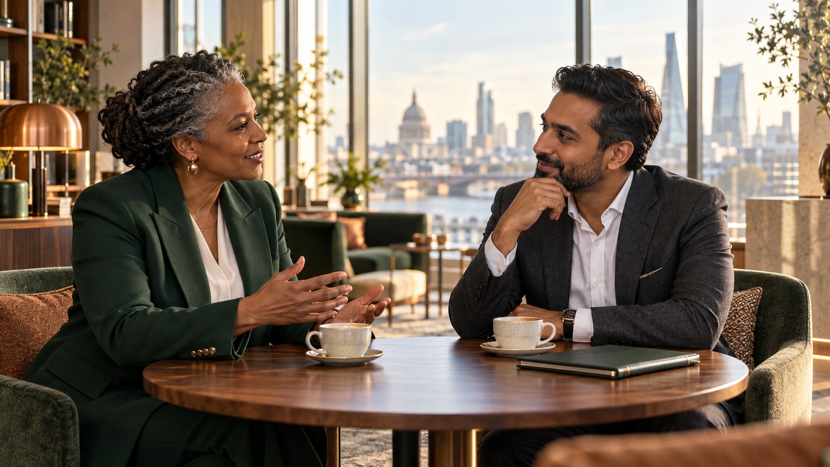 Two executives in a thoughtful conversation about future leadership opportunities