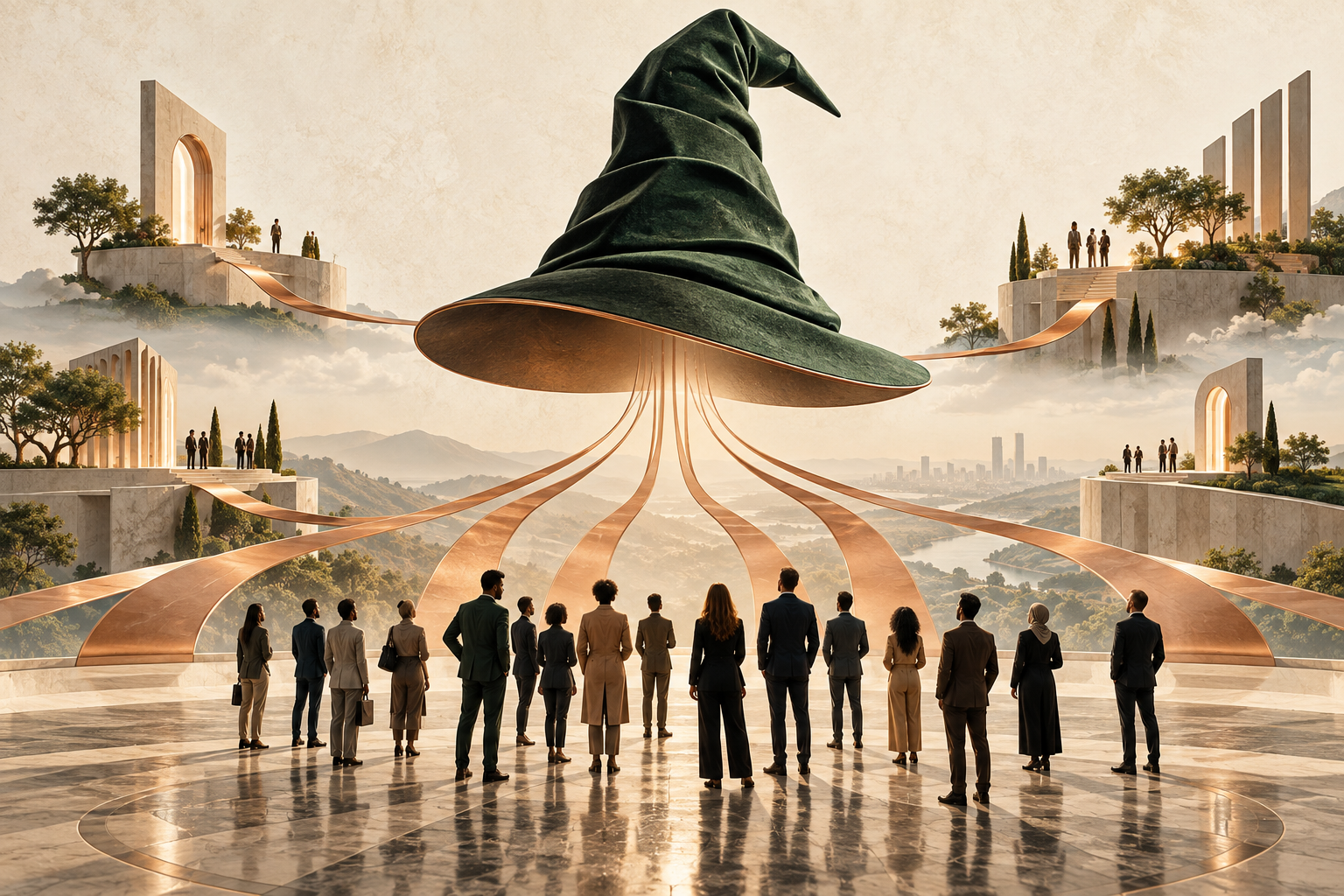 A Sorting Hat above branching paths representing different leadership journeys