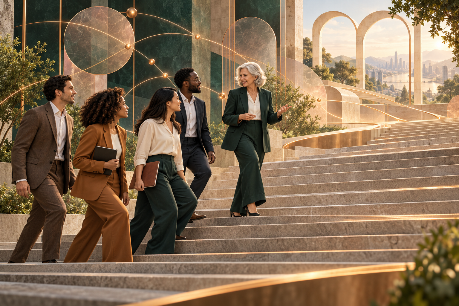 Experienced leader mentoring early-career professionals on a staircase